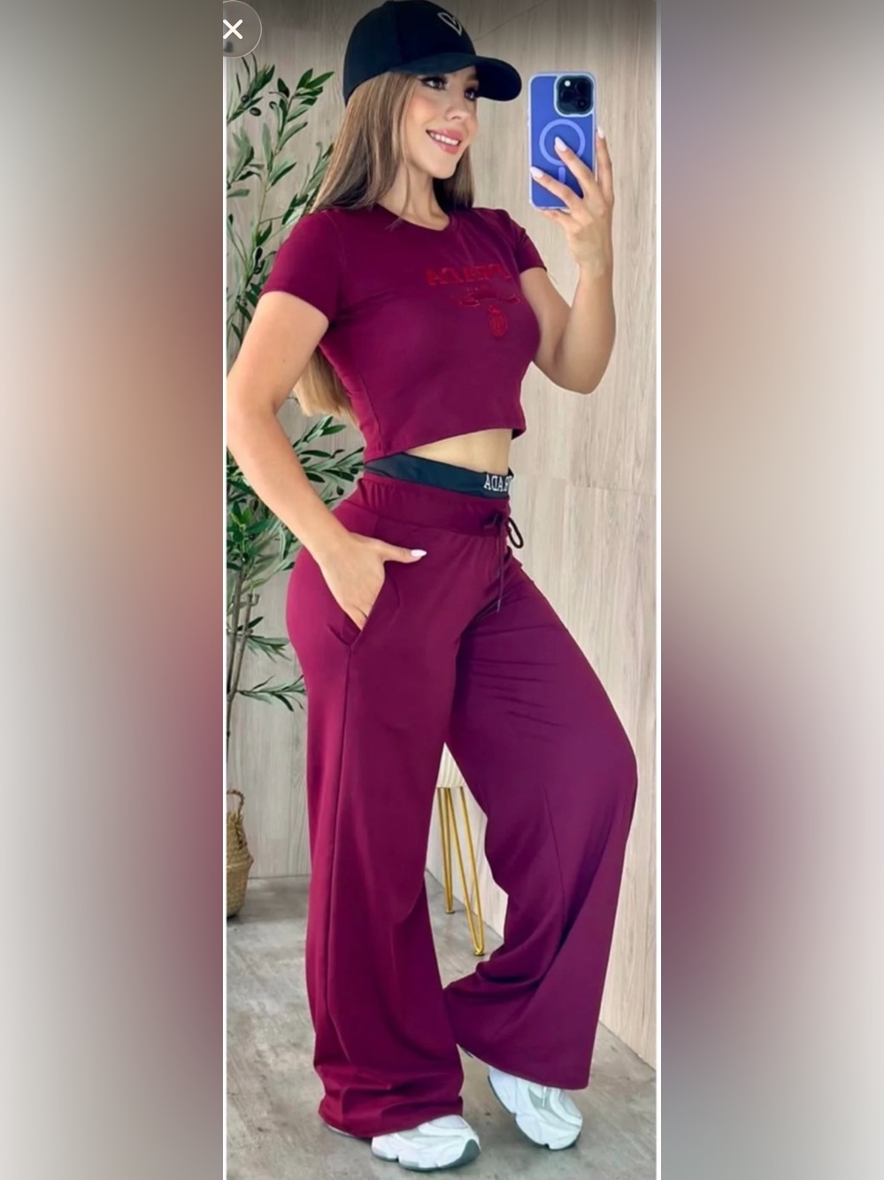 Burgundy Lounge Pants & Crop Tee Set size S - Picture 2 of 13